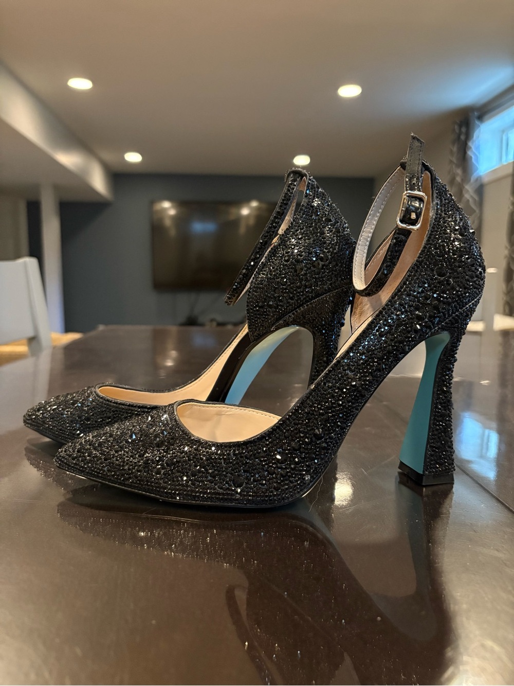 Betsey Johnson Black Crystal Pointed-Toe Ankle-Strap Heels with Aqua Sole